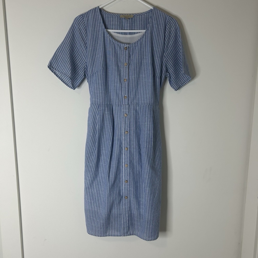 Polagram Dress Womens Medium Button Front Blue Striped Cotton Cottagecore